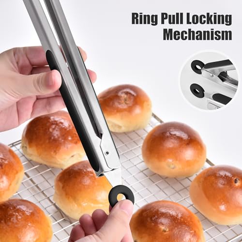 Kitchen Tongs with Silicone Tips for Cooking Serving (12in / Black)