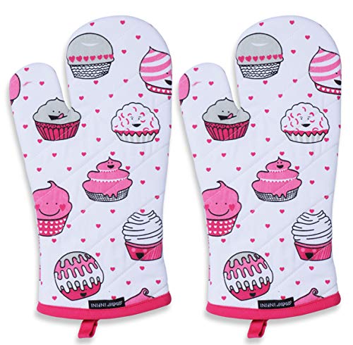 Oven Mitts Set of 1 Quilted Liner with Hanging Loop Non Slip (7x13 inches / Cup Cakes)