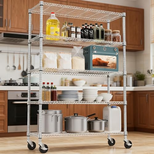 1750LBS 47.2" W 5 Tiers Storage Shelves Metal Shelving Unit with Wheels Heavy Duty Garage Shelving Adjustable Wire Shelves for Pantry (5 tier, 17.7" D x 47.2" W x 76.8" H / Chrome)