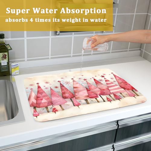 Pink Trees Dish Drying Pad Christmas Snowflake Decorative Drying Mats for Coffee Bar Kitchen Counter 18 X 24 Inch (Vintage Painting 4729 / 24" x 18")
