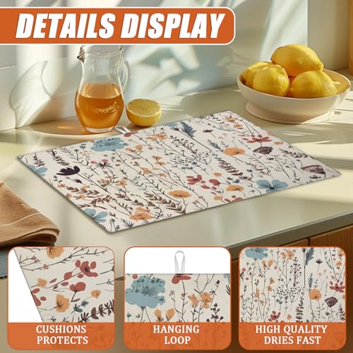 Vintage Floral Dish Drying Mat for Kitchen Counter Microfiber Absorbent Dish Kitchen Drying Mat Draining Reusable Washable for Dishes