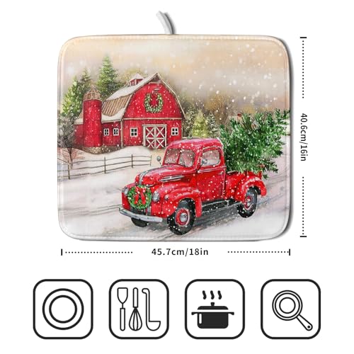 Red Truck Dish Drying Mat Xmas Tree Dish Drainer Rack Mat Winter Microfiber Absorbent Drying Pad for Home Kitchen Counter Decor 16x18 Inch (Xmas Red Truck / 16" x 18")