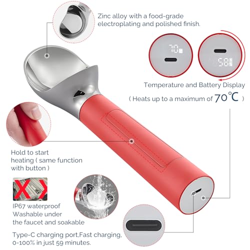 Heated Ice Cream Scoop Rechargeable (Red / 2 oz)
