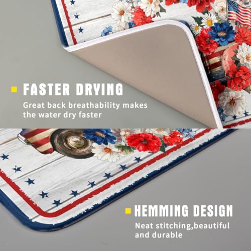 American Flag Dish Drainer Mat Flowers Absorbent Dish Rack Pad for Kitchen Coffee Bar Sinks (Patriotic Truck Blue / 18" x 16")