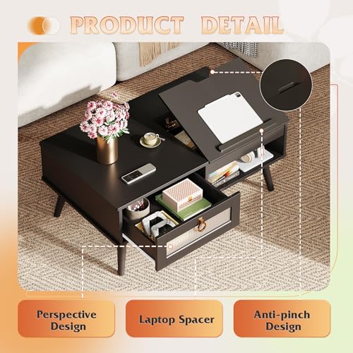 Coffee Table Lift Top Coffee Table with Storage Shelf (Retro Black / 39" with Drawer)