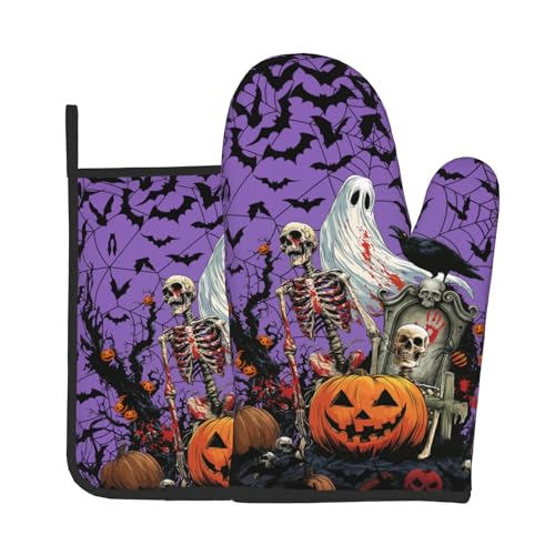 Halloween Pumpkin Oven Mitts and Pot Holder Set of 2 Spooky Ghost Bat Heat Resistant Kitchen Gloves Hot Pad for Baking Cooking Grilling BBQ (Halloween Purple)