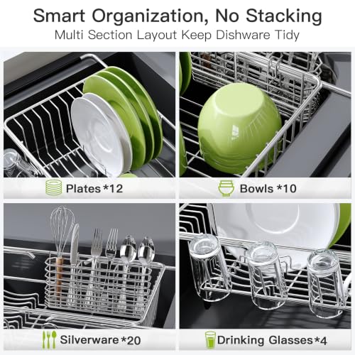 Stainless Steel Dish Drying Rack in Sink with Metal Utensil Holder (Silver / For 12"-30"w Sink, with Metal Utensil Holder)