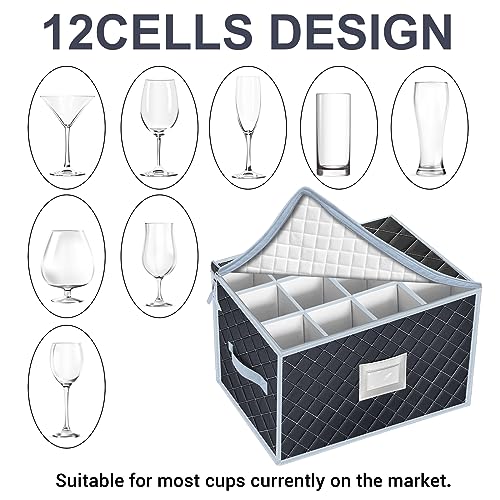 Wine Glass Storage Box with Dividers Holds 24 Stemware Storage Cases or China Crystal Glassware Containers with Handles and Lable Window (2 Count)