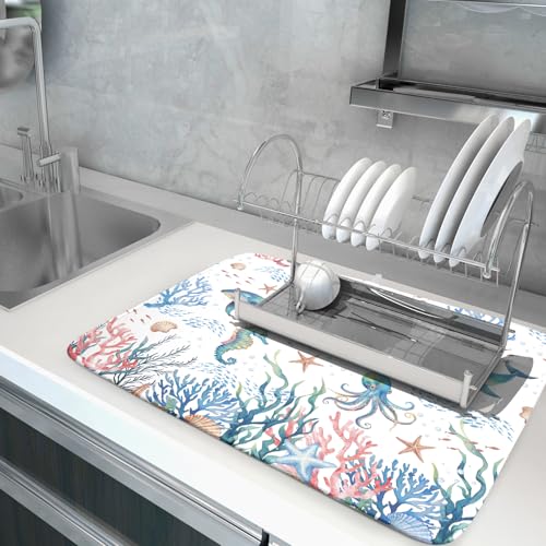 Coastal Ocean Dish Drying Mat Seahorse Whales Drainer Rack Mats 18"x24" Absorbent Microfiber Dish Drying Pad Protector for Kitchen Counter (Coral Ocean / 24" x 24")