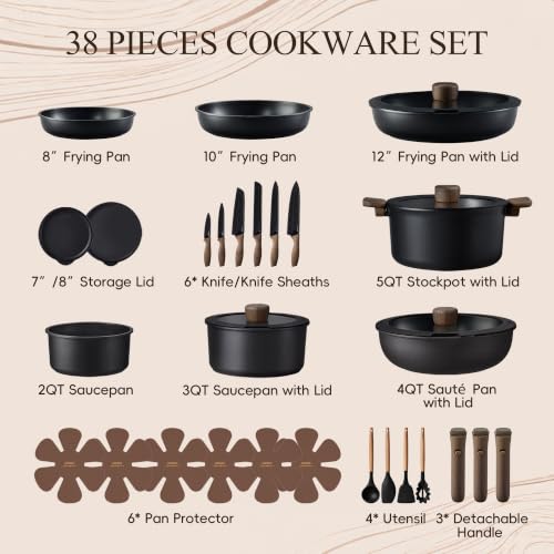 38pcs Pots and Pans Set Non Stick (Black / 38 Piece)