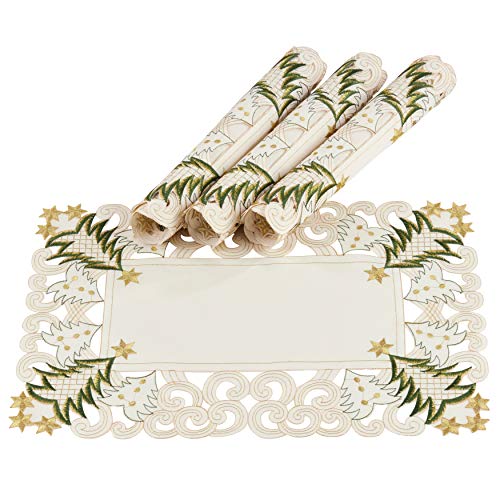 Pandoro Collection Holiday Christmas Tree Cutwork Border Tablecloth (Ivory / 14"x20" Placemat-Set of 4)