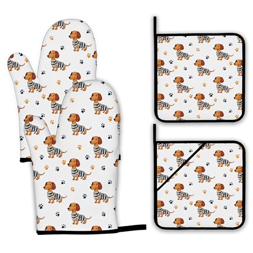 Cute Dachshund Dog Oven Mitts and Pot Holders (4 Count)