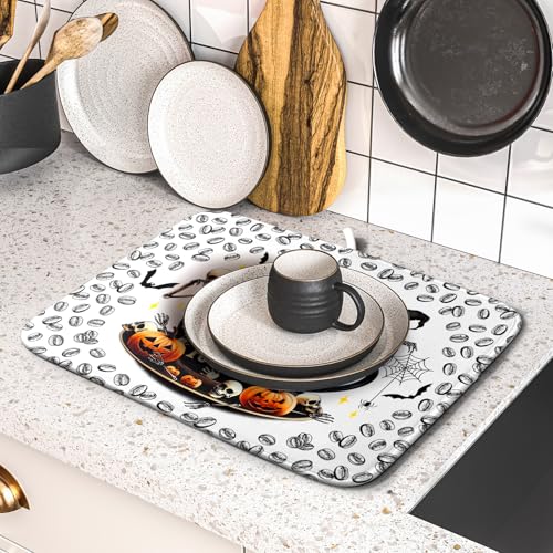 Funny Skull Coffee Mat for Table Counter Skeleton Dish Drying Mat Holiday Decoration for Home Coffee Bar (Dead Coffee White / 18" x 16")