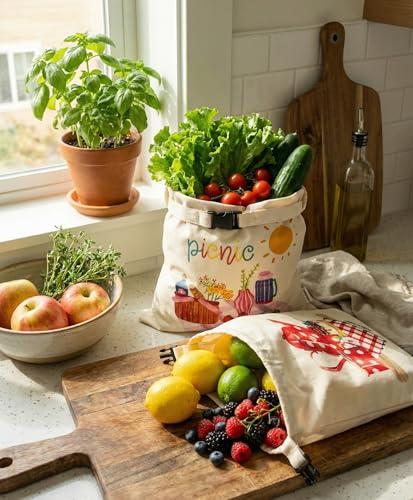 2 XL Beeswax Bread Bags for Homemade Bread (Beige with Picnic)