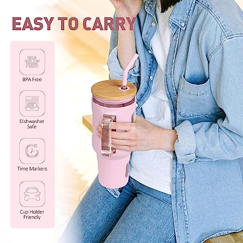 Glass Tumbler with Straw and Lid (Pink / 40 Ounces)