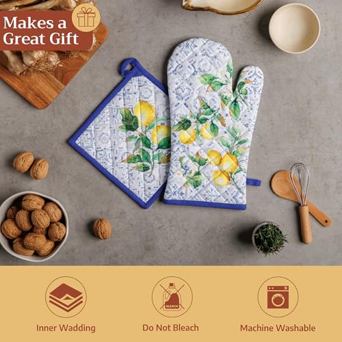 100% Cotton Oven Mitt & Pot Holder Set (030 - Citrus / 7.5" x 13" & 8" x 8" (Oven Mitt & Pot Holder))