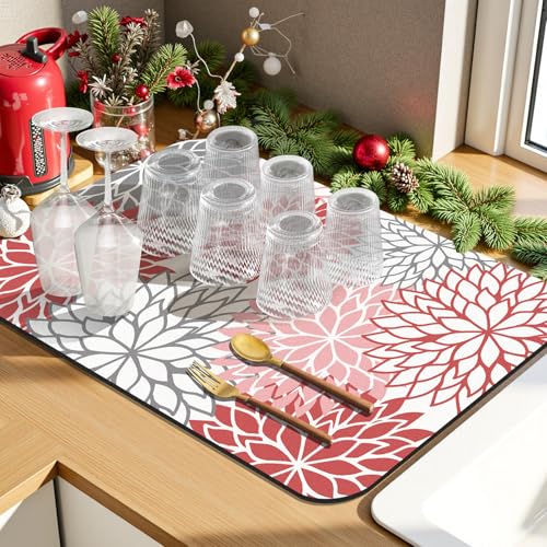 2Pcs Floral Christmas Dish Drying Mat & Sink Splash Guard (Red / 12" X 20" + 24" X 5.5")