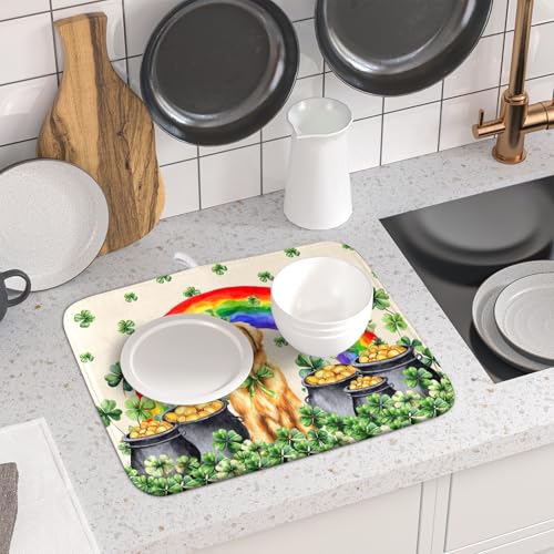 St Patricks Day Drying Mat Samll Lucky Clovers Green Kitchen Decor Counter Mats for Dog Lover (Green Lucky Gog / 18" x 16")