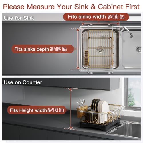 Gold Dish Drying Rack in Sink with Drainboard and Utensil Holder (Gold / For 12"-30"w Sink, with Drainboard)
