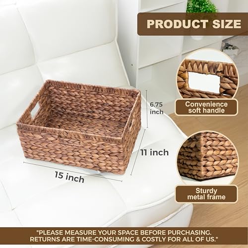 KOKODO Pack 1 COLORED Large Rectangular Water Hyacinth Wicker Storage Basket with Handles and Built (Dark Brown / Large Set 1 15"Lx11"W)