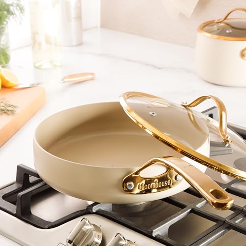 Saute Deep Frying Pan Skillet with Lid (Almond Cream w/ Gold Handle / Deep Fry Pan w/ Lid (10-Inch))