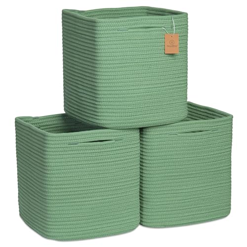 Storage Cubes 11 Inch Cotton Rope Woven Baskets for Organizing (Green)