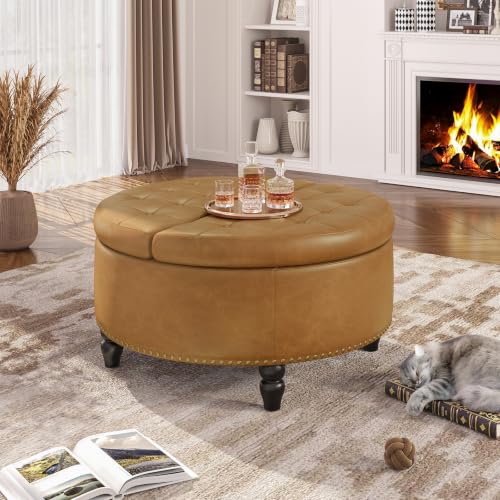 31.5 Inch Large Round Ottoman with Storage Circular (Camle)