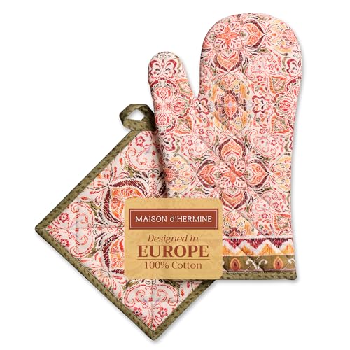 100% Cotton Oven Mitt & Pot Holder Set (036 - Damask / 7.5" x 13" & 8" x 8" (Oven Mitt & Pot Holder))