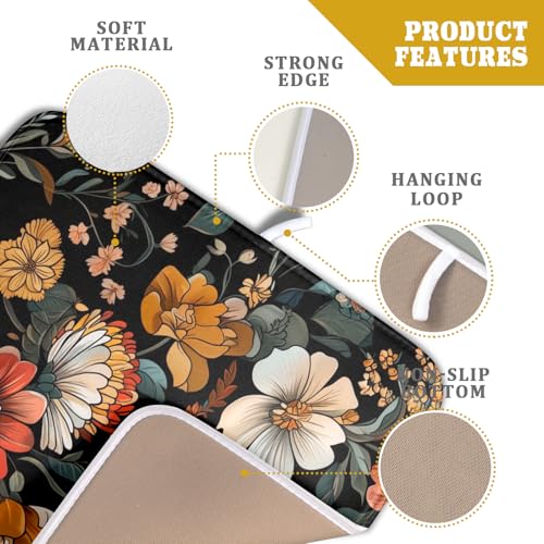 Vintage Floral Dish Drying Mat 16x18 inch Boho Flower Drainer Mats Fast Dry Absorbent Washable Dish Rack Pad Protector Kitchen Accessories (Vintage Floral / 16" x 18")