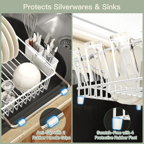 White Expandable Dish Drying Rack Over Sink with Extra Drainboard (White / For 11.5"-16" W Sink with Cup Holder & Drainboard)
