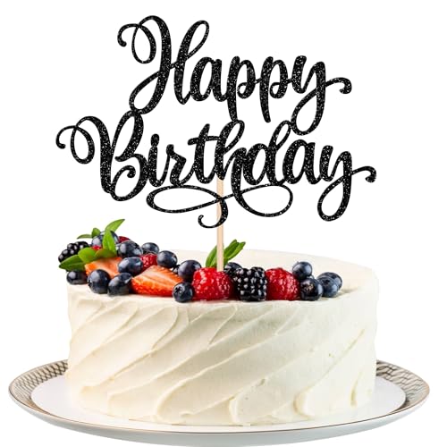 1 PCS Happy Birthday Cake Topper Glitter Happy Birthday Cake Pick Bunting Decor for Anniversary Celebrating Happy Birthday Party Cake Decorations Supplies Black