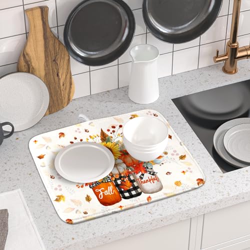 Autumn Pumpkin Dish Drying Mat 16x18 Inch Sunflower Flower Vase Washable Draining Mat with Hanging Loop Seasonal Holiday Home Decoration (Pumpkin Vase / 16" x 18")