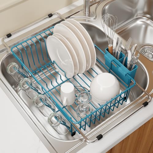Blue Expandable Dish Drying Rack Over Sink with Anti (Blue / For 11.5"-16" W Sink with Cup Holder)