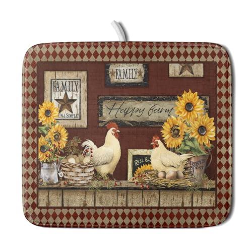 Vintage Rooster Dish Drying Mat 16x18 Inch Farmhouse Chicken Dish Drainer Pad Microfiber Absorbent Fast Dry Kitchen Counter Accessories (vintage rooster / 16" x 18")