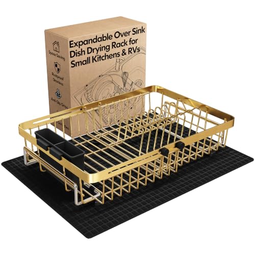 Gold Expandable Dish Drying Rack Over Sink with Extra Drying Mat (Gold / For 13"-30" W Sink with Mat)