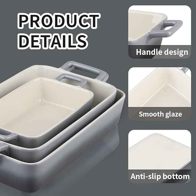 KOOV Bakeware Set, Ceramic Baking Dish, Rectangular Baking Pans for Cooking, Cake Dinner, Kitchen, Banquet and Daily Use, 12 x 8.5 Inches, 3-Piece (Gradient Gray)