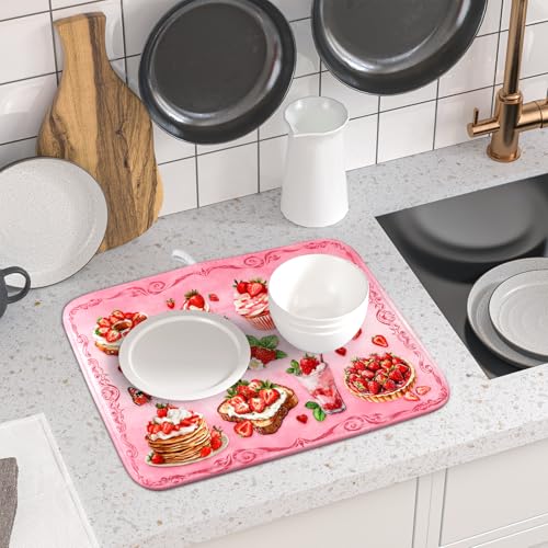 Pink Strawberry Dish Drying Mat for Kitchen Counter Small 18 X 16 In (Strawberry Pink 328 / 18" x 16")