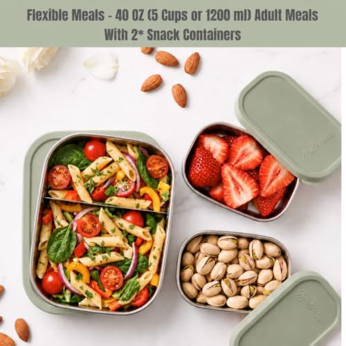 Flexibento Leak Proof 40 OZ Stainless Steel Lunch Box (Sage Set of 3: 1*40OZ + 2 *9 OZ)
