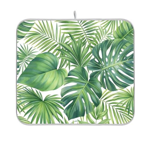 Green Monstera Palm Leaves Dish Drying Mat for Kitchen Counter Absorbent Microfiber Drying Pad (18" x 24")