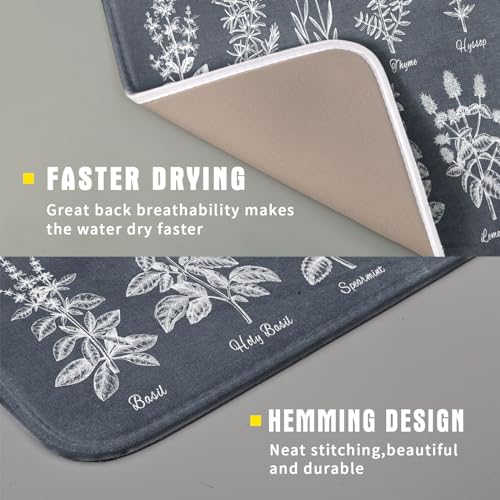 Flower Herbs Dish Drying Mat Wild Plant Dish Rack Mat with Hanging Loop Fast Dry Dish Drainer Pad for Kitchen Counter Sink 16x18 Inch (gray plant collection / 16" x 18")