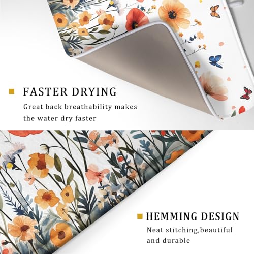 Poppy Flower Dish Drying Mat 18x24 Inch Floral Leaves Dish Drainer Protector Pad Washable Reversible Drying Pad for Kitchen Counter Sink (Poppy Flower / 18 x 24 inch)