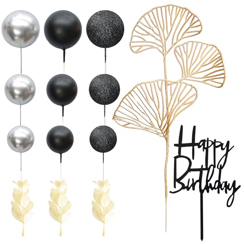 57Pcs Balls Cake Topper Boho Grass Cake topper Pearl Balls Acrylic Happy Birthday Cake Decorations for Wedding Baby Shower Birthday Boho Themed Party Supplies Black Silver (Black Silver)