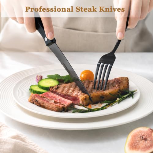 24 Piece Black Silverware Set with Steak Knives Flatware Set for 4 Food (24 PCS / Elegant Black Pro)