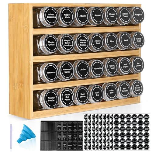 Bamboo Spice Rack Organizer With 28 Glass Spice Jars 4 oz (Bamboo Natural Color)