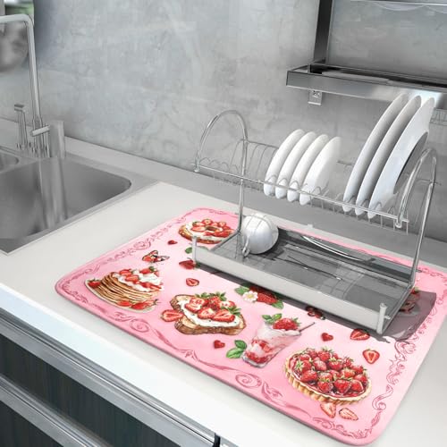Strawberry Dish Drying Rack Mat Pink Absorbent Microfiber Dish Drying Mat for Kitchen Counter 18x24 In (Strawberry Pink 328 / 24" x 18")