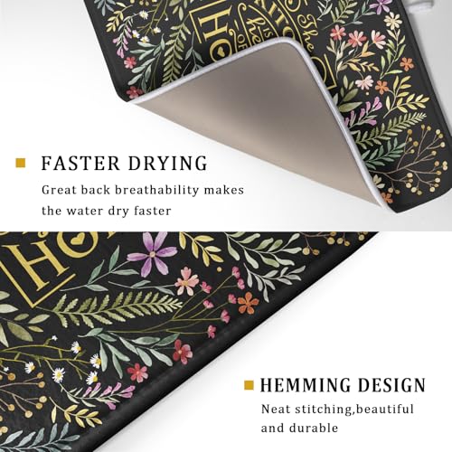 Vintage Microfiber Dish Drying Mat Wildflowers Leaves Absorbent Dry Mat for Kitchen Counter Decor (Vintage Leaves Black / 24" x 18")