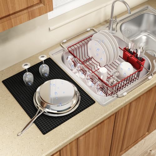Red Expandable Dish Drying Rack Over Sink with Extra Drying Mat (Red / For 11.5"-16" W Sink with Cup Holder & Mat)