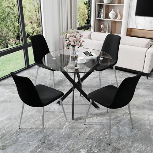 36” Round Glass Dining Table Set for 4 (Black Round Table/Black Velvet Chairs / 5 Pieces)