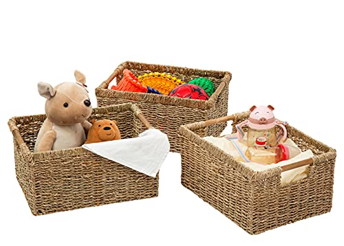 Large Wicker Basket Rectangular with Wooden Handles for Shelves (Seagrass / 3-Pack Large (14.5"L x 10.3"W x 7.5"H))