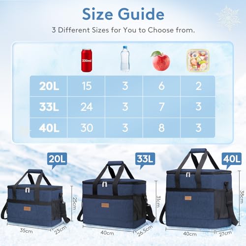 Cooler Bag 30 Cans Collapsible and Insulated Large Lunch Bag Leakproof Soft Cooler Portable for Camping (30-Can(20L) / Dark Blue)
